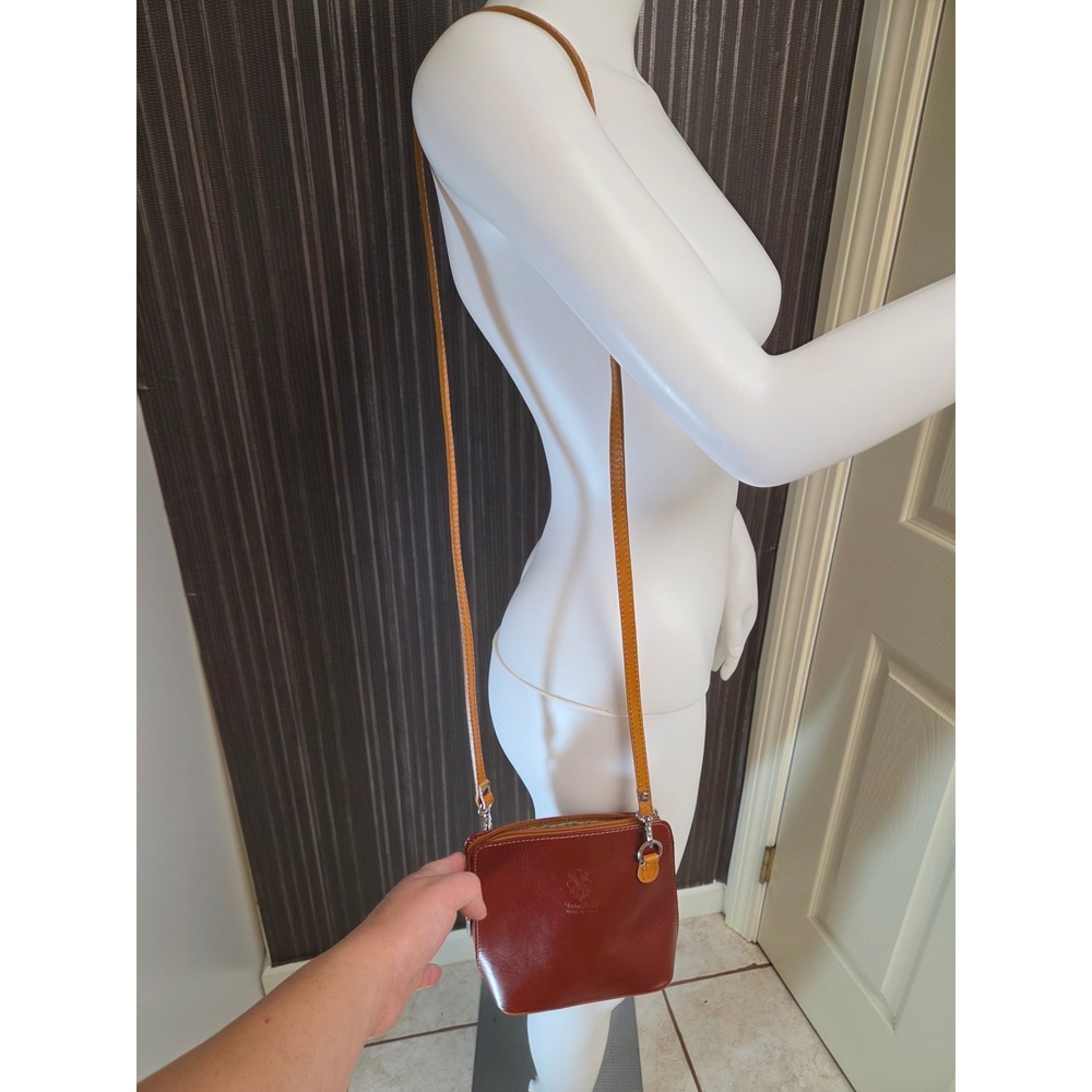 Vera Pelle Italian Leather Crossbody Bag Cognac Brown Made in Italy 7x7